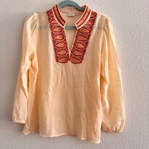 Spartina 449 Tunic Top M Light Beige Rust Brownish Red Pink Embroidered Detail